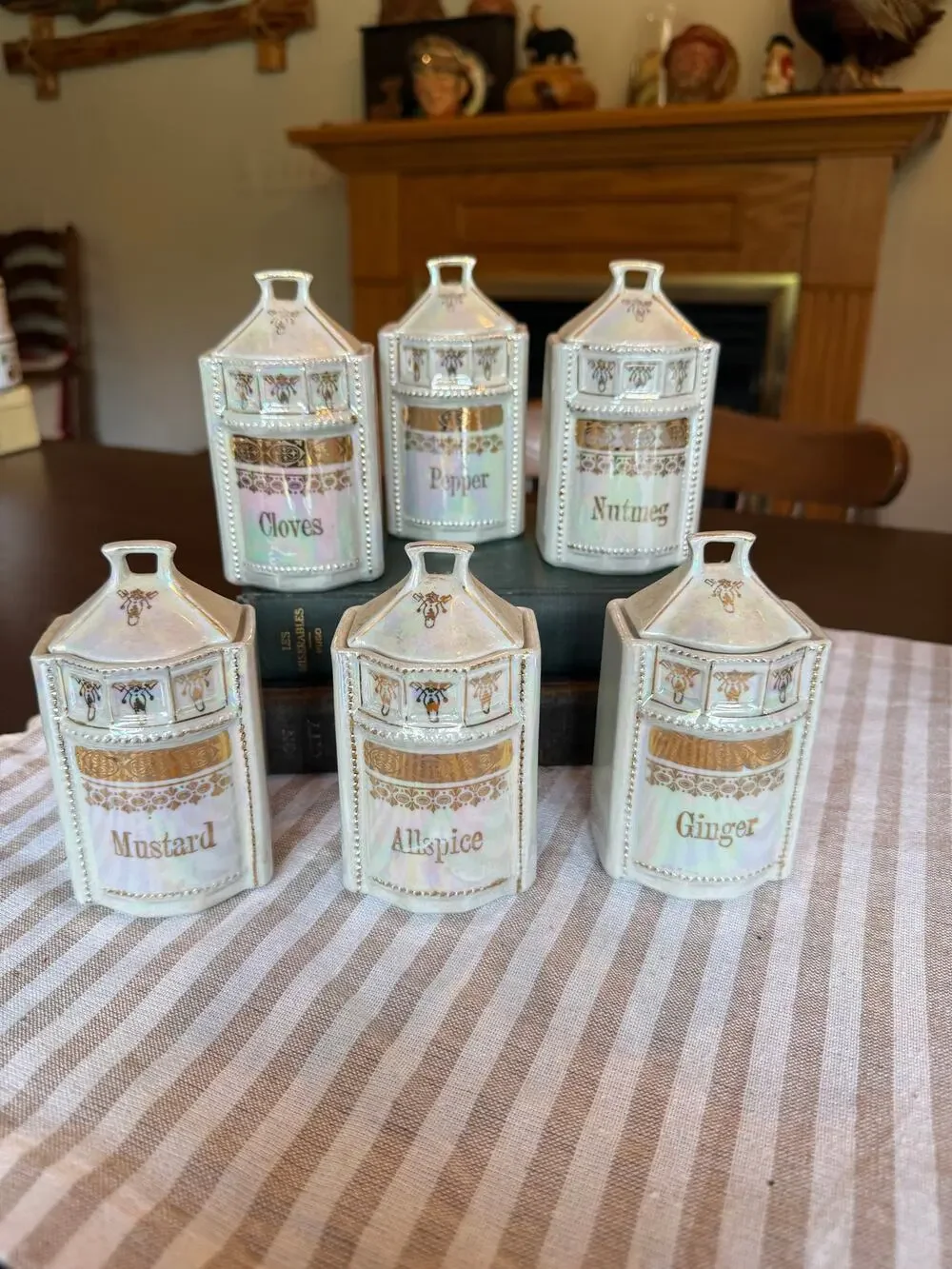 Vintage German 1930's Pearl Lusterware with gold accent 6 piece Spice Set